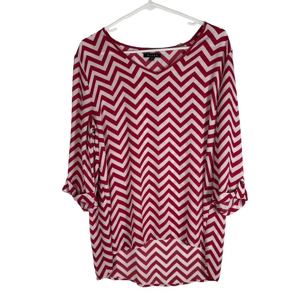 Kiara Red‎ White Chevron V-Neck High Low Blouse XL Roll Tab 3/4 Sleeve SCWK1152